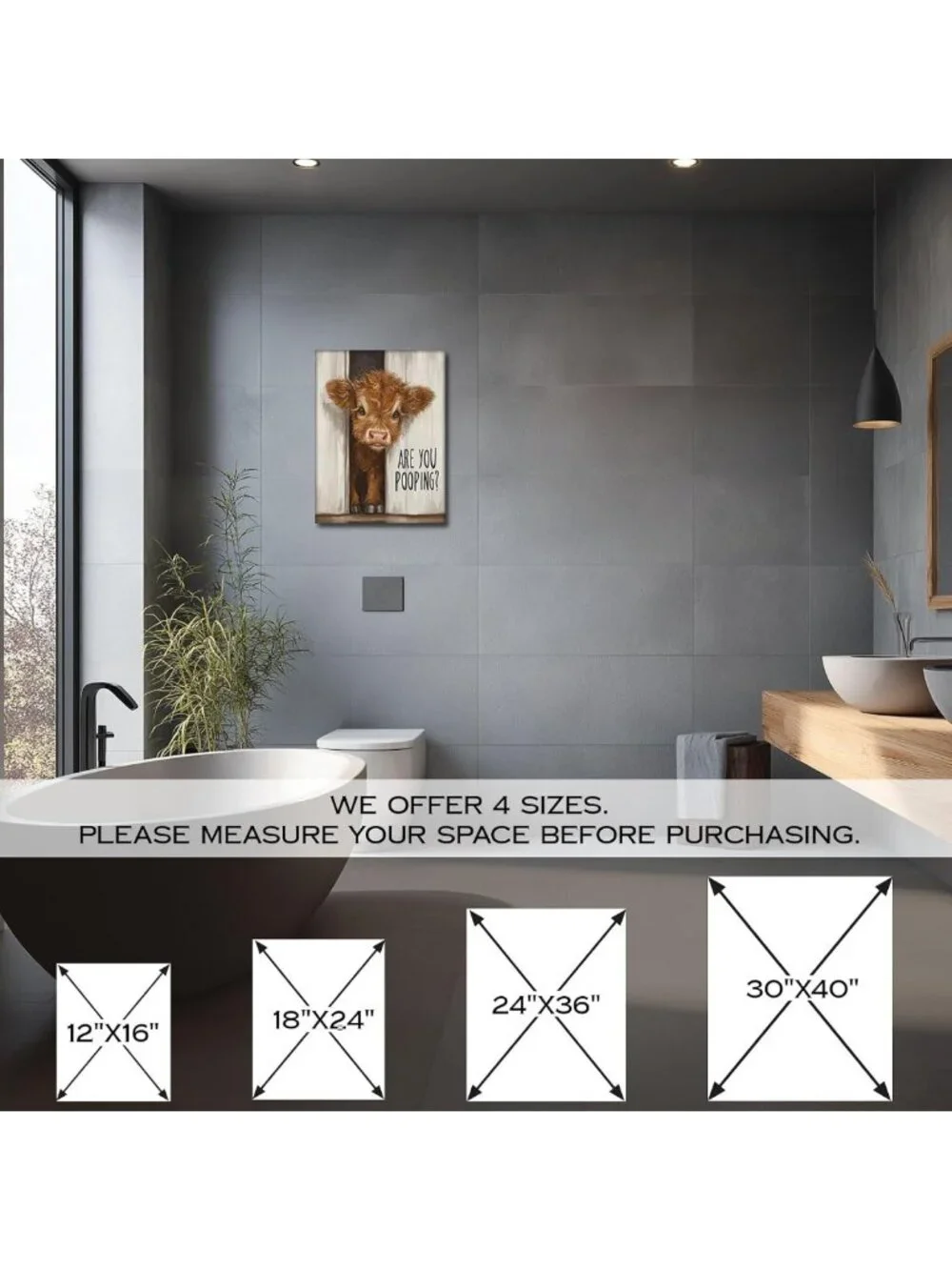 Funny Highland Cow Bathroom Decor | Humorous Canvas Wall Art for Restroom